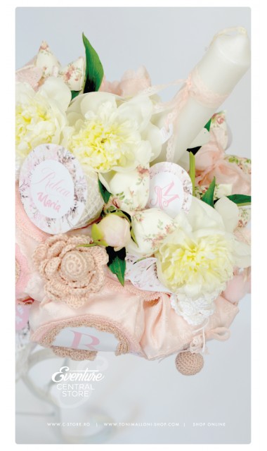 Lumanare de botez cu bujori si monograma initiala nume bebe, 65x4 cm, Rose Chic 9